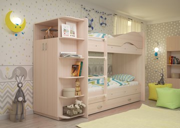 Двухэтажная детская кровать Мая на щитах со шкафом и ящиками, цвет Млечный дуб в Брянске