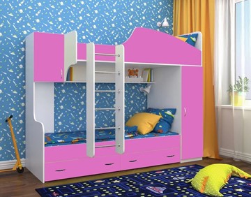 Детская кровать-шкаф Юниор-2, каркас Белое дерево, фасад Розовый в Брянске