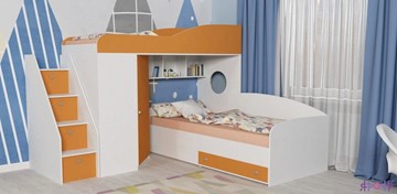 Кровать-чердак в детскую Кадет-2 с универсальной лестницей, корпус Белое дерево, фасад Оранжевый в Брянске