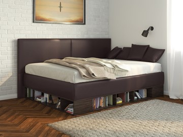 Детская 1,5-спальная кровать Lancaster 1, 120х200, ЛДСП венге, экокожа коричневая в Брянске