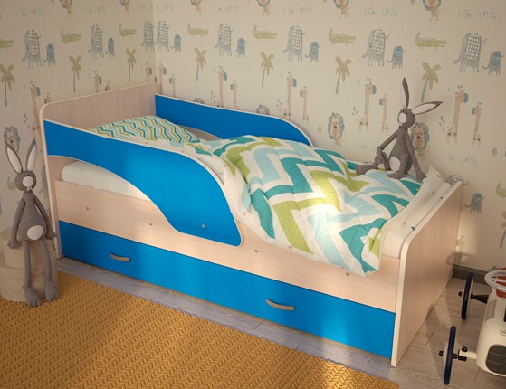 Кровать с бортиками Максимка, корпус Млечный дуб, фасад Синий в Брянске - изображение