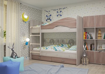 Детская двухъярусная кровать Мая с 2 ящиками на щитах, корпус Шимо светлый, фасад Шимо темный в Брянске - предосмотр