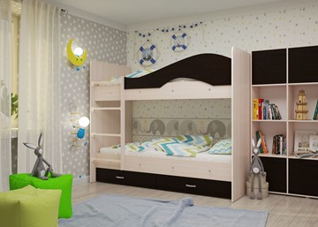 Детская  двухъярусная кровать Мая с 2 ящиками на щитах, корпус Млечный дуб, фасад Венге в Брянске - предосмотр 1