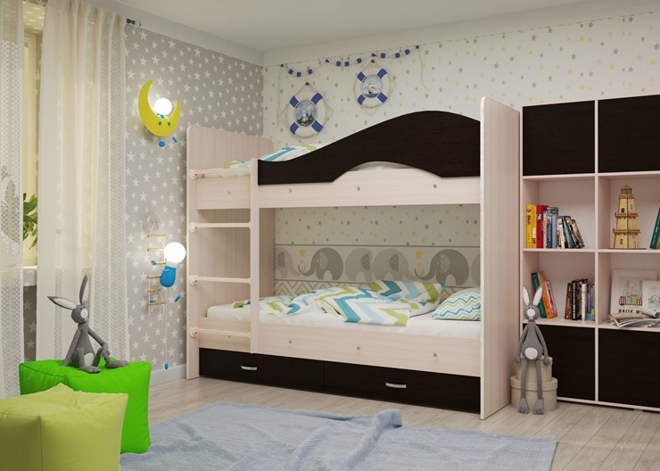 Детская  двухъярусная кровать Мая с 2 ящиками на щитах, корпус Млечный дуб, фасад Венге в Брянске - изображение 1