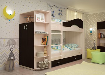 Детская  двухъярусная кровать Мая с 2 ящиками на щитах, корпус Млечный дуб, фасад Венге в Брянске - предосмотр 2