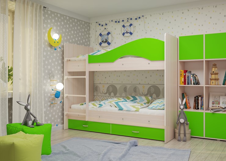 Детская двухэтажная кровать Мая на щитах, корпус Млечный дуб, фасад Салатовый в Брянске - изображение 2