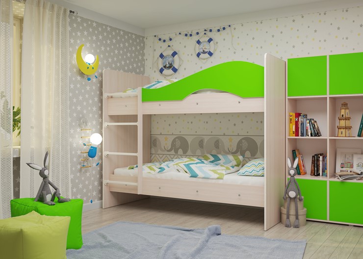 Детская двухэтажная кровать Мая на щитах, корпус Млечный дуб, фасад Салатовый в Брянске - изображение 1