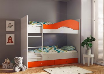 Двухъярусная детская кровать Мая с 2 ящиками на щитах, корпус Млечный дуб, фасад Оранжевый в Брянске - предосмотр