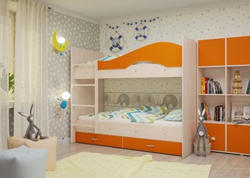 Двухъярусная детская кровать Мая с 2 ящиками на щитах, корпус Млечный дуб, фасад Оранжевый в Брянске - предосмотр 3
