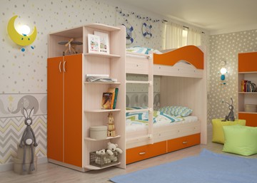 Двухъярусная детская кровать Мая с 2 ящиками на щитах, корпус Млечный дуб, фасад Оранжевый в Брянске - предосмотр 1