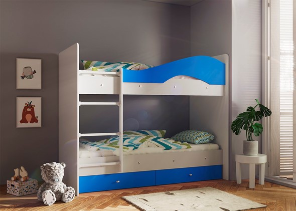 Кровать 2-ярусная Мая с 2 ящиками на щитах, корпус Млечный дуб, фасад Синий в Брянске - изображение