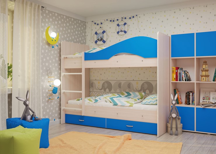 Кровать 2-ярусная Мая с 2 ящиками на щитах, корпус Млечный дуб, фасад Синий в Брянске - изображение 3