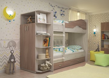 Детская двухъярусная кровать Мая с 2 ящиками на щитах, корпус Шимо светлый, фасад Шимо темный в Брянске - предосмотр 1
