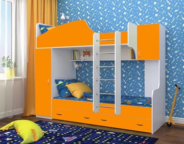 Двухэтажная кровать Ярофф Юниор-2, каркас Белое дерево, фасад Оранжевый в Брянске