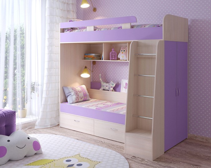 Двухэтажная детская кровать Юниор-6, каркас Дуб молочный, фасад Ирис в Брянске - изображение 1