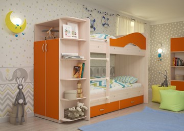 Детская 2-х ярусная кровать Мая на щитах со шкафом и ящиками, корпус Млечный дуб, фасад Оранжевый в Брянске - предосмотр