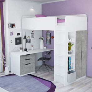 Кровать детская с письменным столом и шкафом POLINI Kids Simple Белый / Бетон в Брянске - предосмотр 1