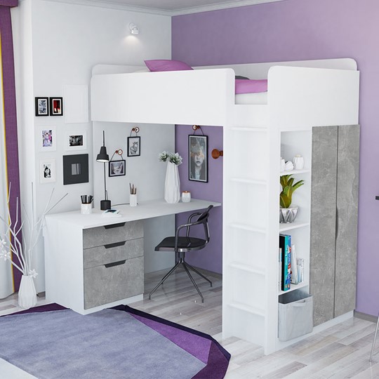 Кровать детская с письменным столом и шкафом POLINI Kids Simple Белый / Бетон в Брянске - изображение 1