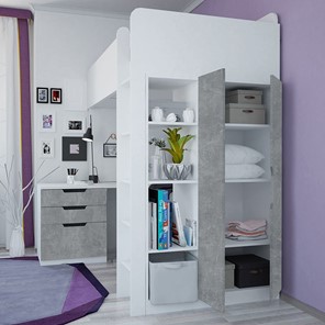 Кровать детская с письменным столом и шкафом POLINI Kids Simple Белый / Бетон в Брянске - предосмотр 2