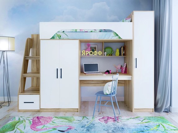 Кровать-чердак детская с шкафом Тея, каркас Ясень, фасад Белый в Брянске - изображение