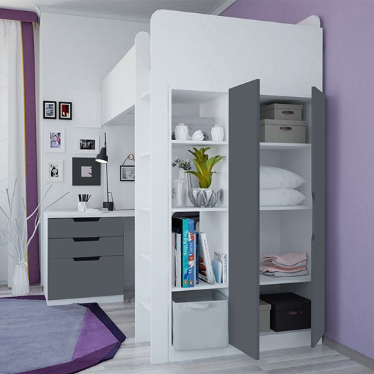 Детская кровать с письменным столом и шкафом POLINI Kids Simple Белый / Серый в Брянске - изображение 1