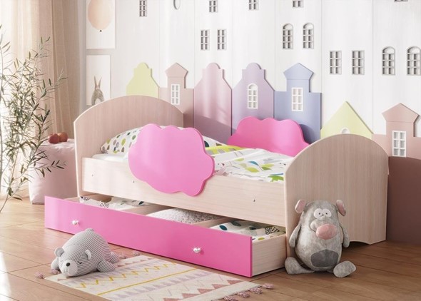 Кровать с бортиками Тучка с ящиком, корпус Дуб млечный, фасад Розовый в Брянске - изображение