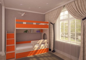 Двухэтажная кровать Юниор-1 с бортом, каркас Дуб, фасад Оранжевый в Брянске - предосмотр