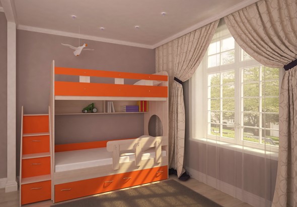 Двухэтажная кровать Юниор-1 с бортом, каркас Дуб, фасад Оранжевый в Брянске - изображение