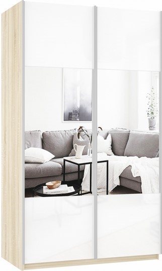 Шкаф 2-дверный Прайм (Зеркало/Белое стекло) 1400x570x2300, дуб сонома в Брянске - изображение 2