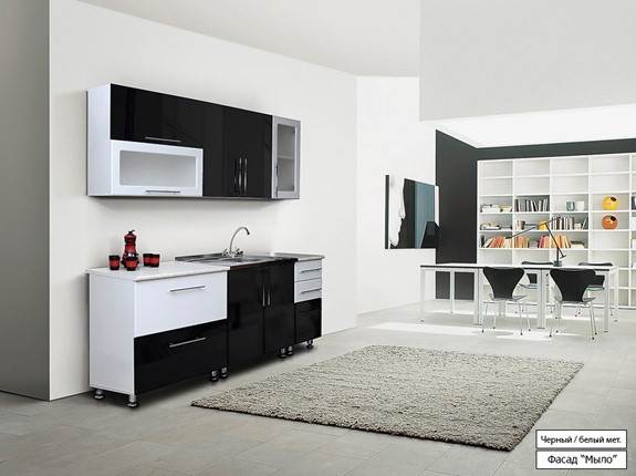 Кухонный гарнитур Мыло 224 2000х718, цвет Черный/Белый металлик в Брянске - изображение