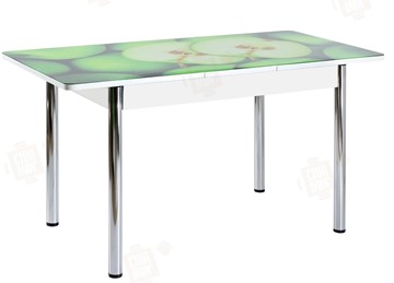Кухонный стол раскладной Айсберг-02 СТФ, белое лдсп/зеленые яблоки/ноги хром прямые в Брянске