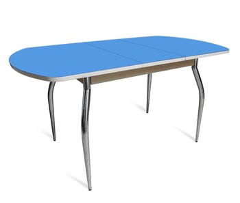 Кухонный раздвижной стол ПГ-01 СТ2, дуб молочный/синие стекло/35 хром гнутые металл в Брянске - предосмотр