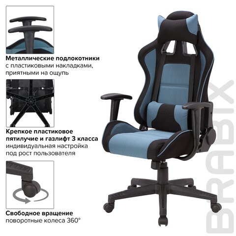 Компьютерное кресло Brabix GT Racer GM-100 (две подушки, ткань, черное/голубое) 531818 в Брянске - изображение 9