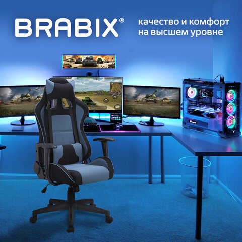 Компьютерное кресло Brabix GT Racer GM-100 (две подушки, ткань, черное/голубое) 531818 в Брянске - изображение 7